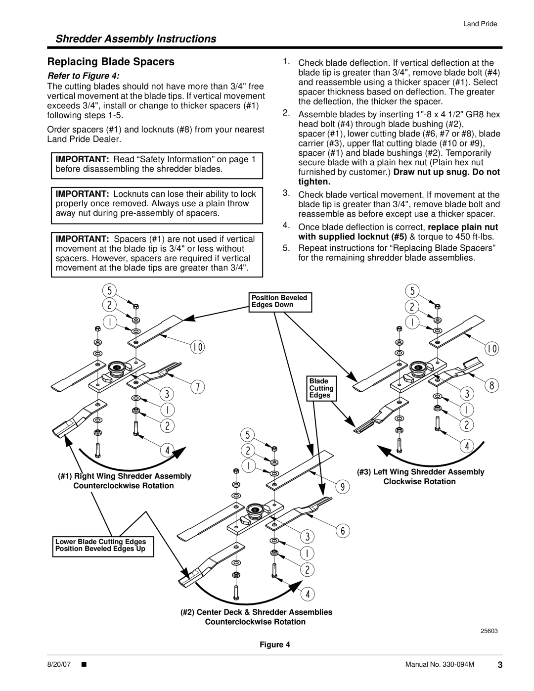 Land Pride 65 Series, 55 Series installation instructions Replacing Blade Spacers 