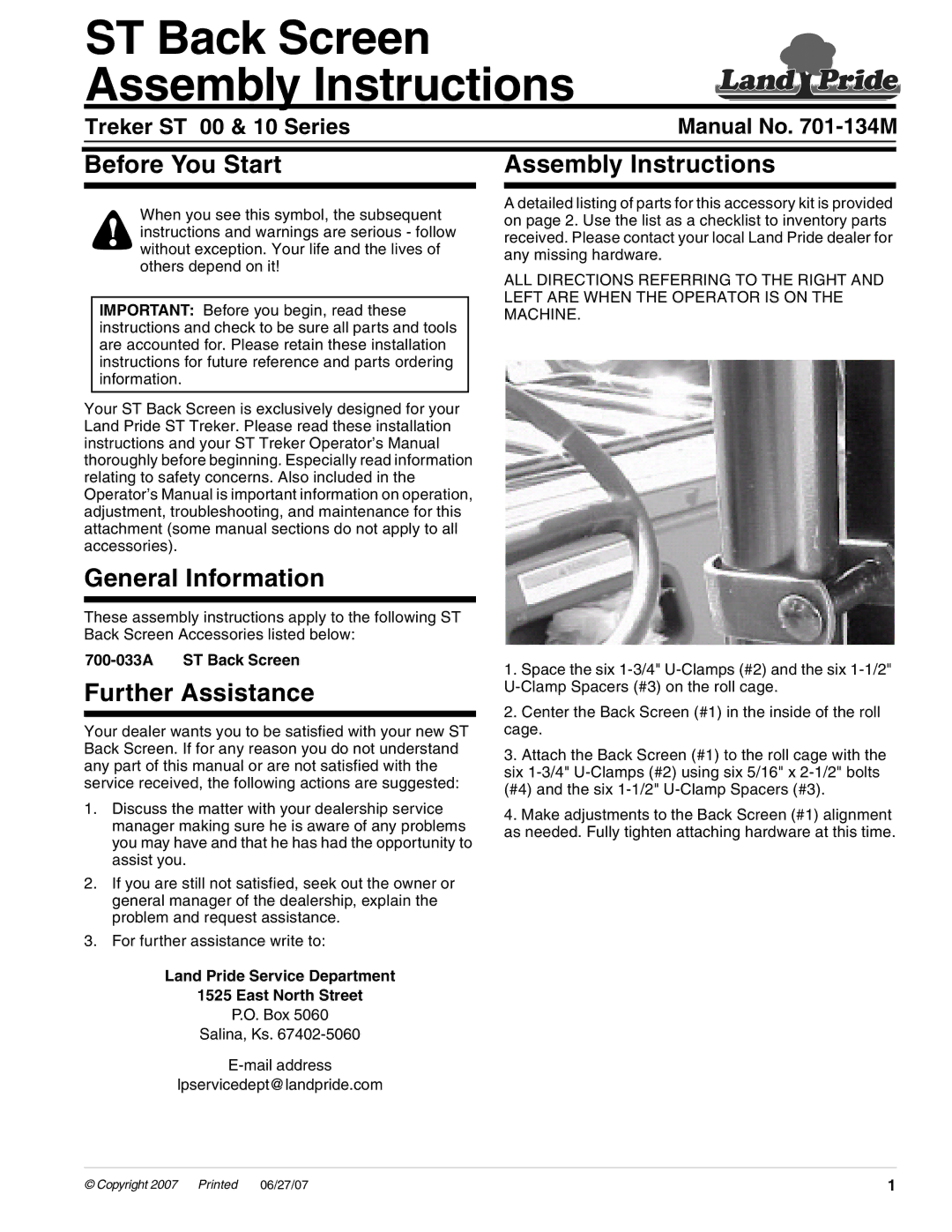 Land Pride 700-033A installation instructions ST Back Screen Assembly Instructions, Before You Start Assembly Instructions 