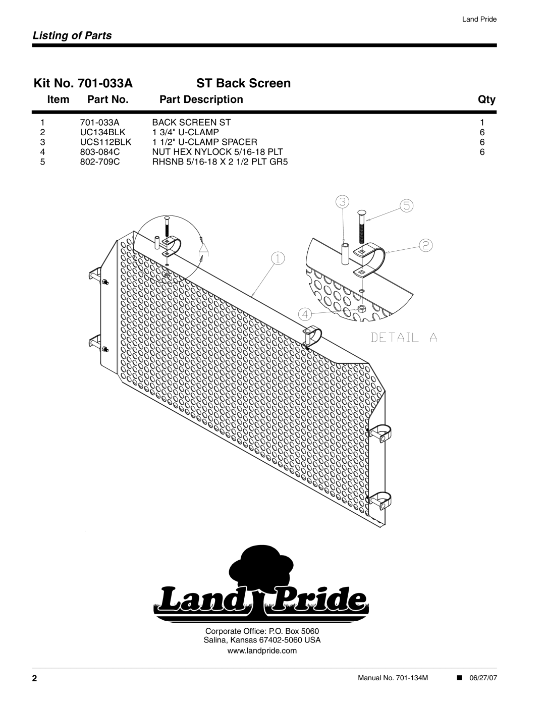 Land Pride 700-033A Kit No -033A ST Back Screen, Part Description Qty, Back Screen ST UC134BLK, UCS112BLK Clamp Spacer 