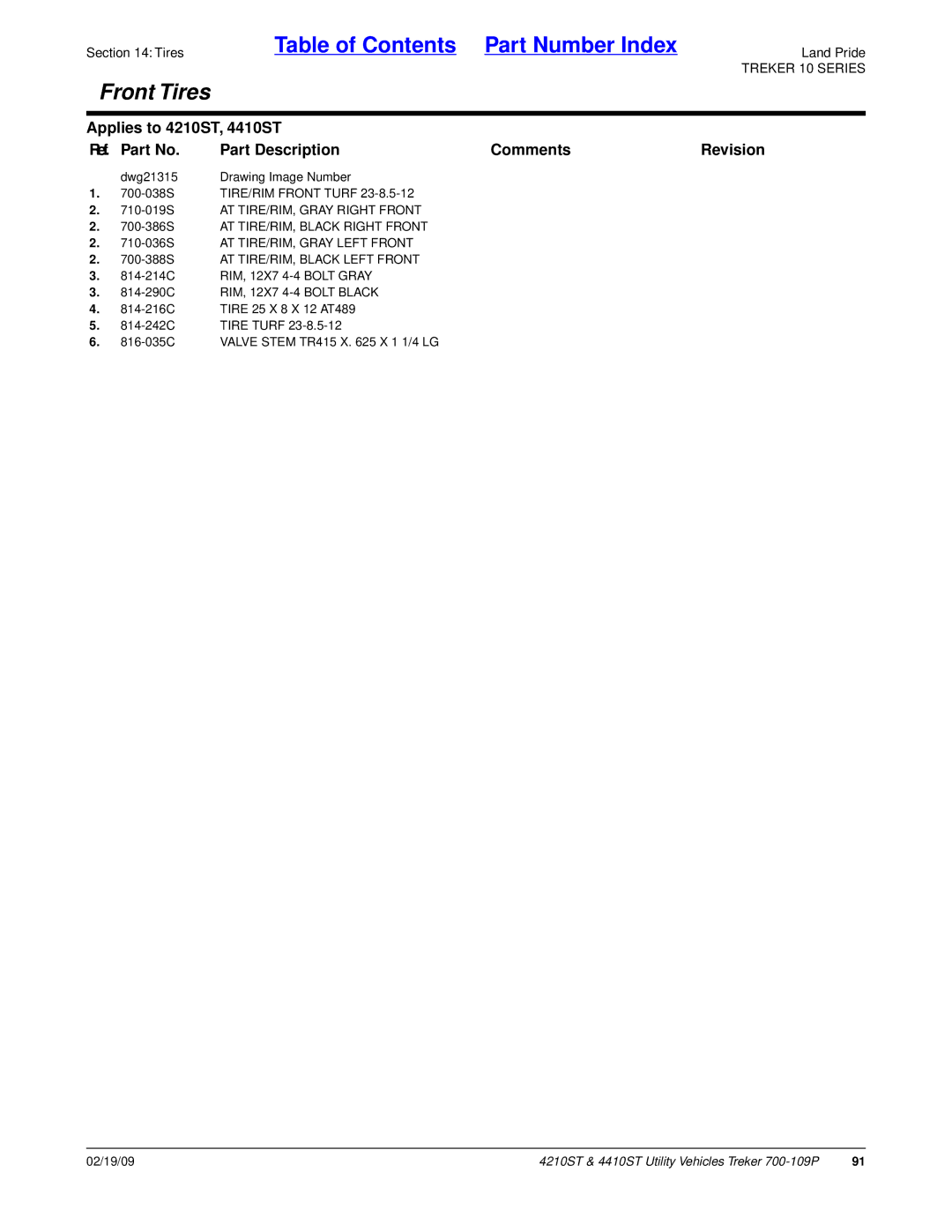 Land Pride 700-109P manual Dwg21315 Drawing Image Number 700-038S TIRE/RIM Front Turf 