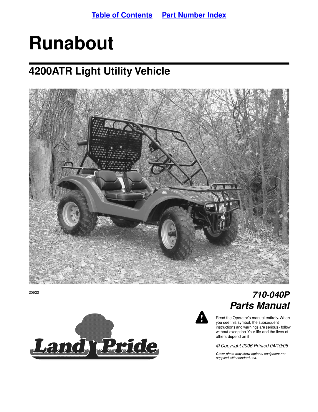 Land Pride 710-040P manual Runabout 