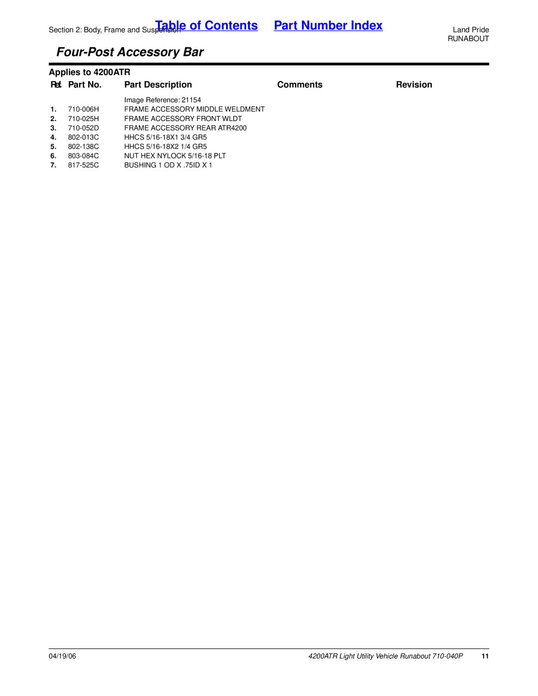 Land Pride 710-040P manual Four-Post Accessory Bar 