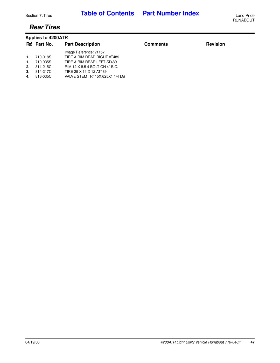 Land Pride 710-040P manual Rear Tires 