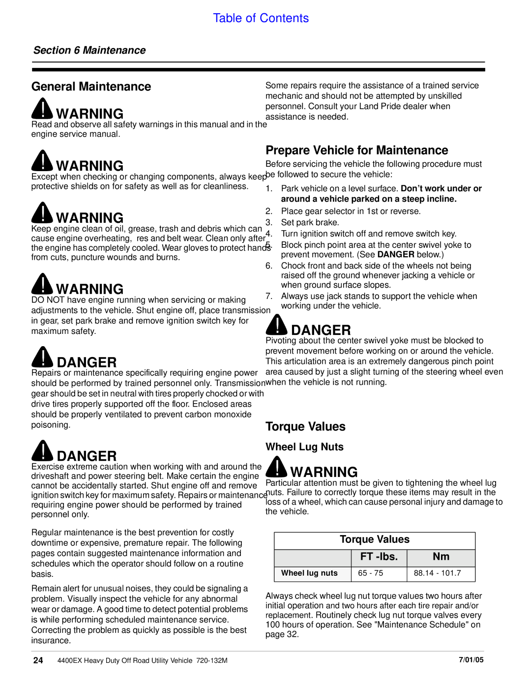 Land Pride 22081, 720-132M, 22076 manual General Maintenance, Prepare Vehicle for Maintenance, Torque Values 
