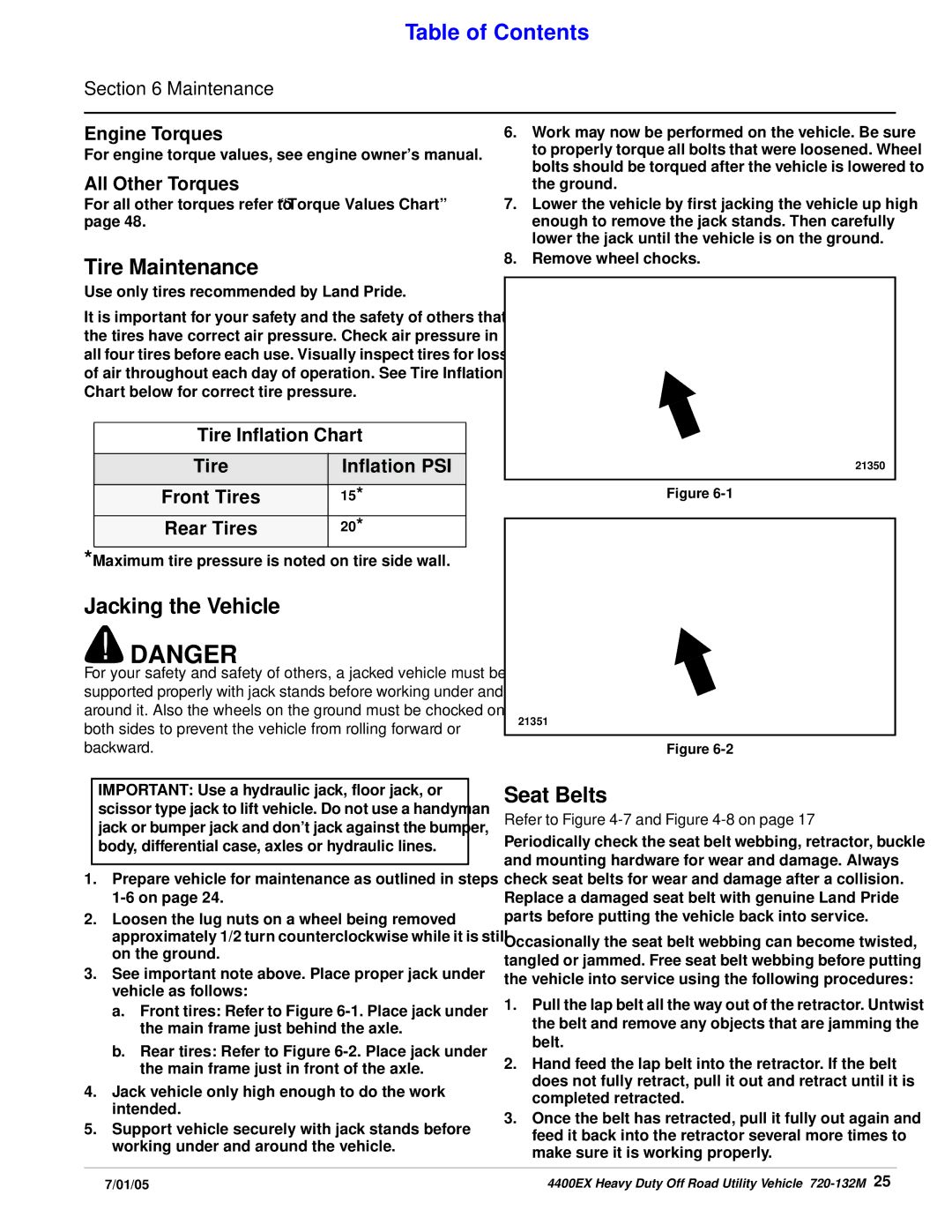 Land Pride 720-132M, 22076, 22081 manual Tire Maintenance, Jacking the Vehicle, Seat Belts, Engine Torques All Other Torques 