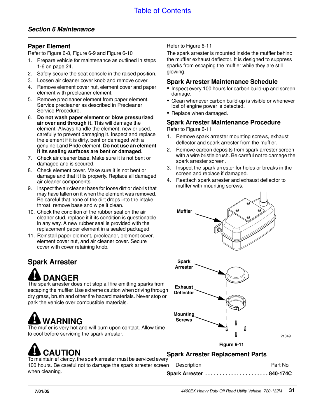 Land Pride 720-132M, 22076 Paper Element, Spark Arrester Maintenance Schedule, Spark Arrester Maintenance Procedure 