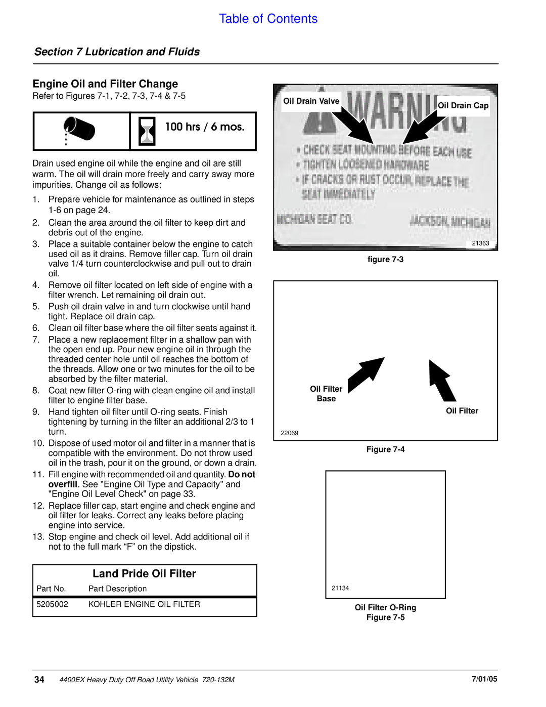 Land Pride 720-132M, 22076, 22081 Engine Oil and Filter Change, Land Pride Oil Filter, Refer to Figures 7-1, 7-2, 7-3, 7-4 