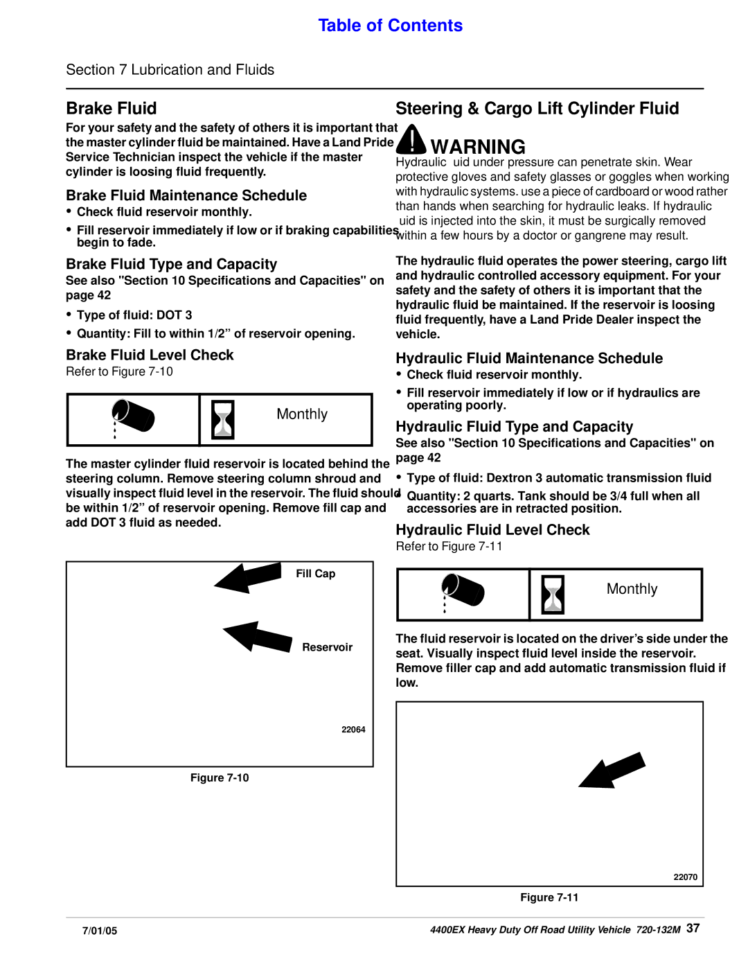 Land Pride 720-132M, 22076, 22081 manual Brake Fluid, Steering & Cargo Lift Cylinder Fluid 