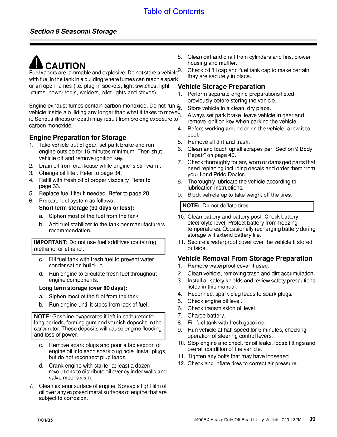 Land Pride 22081, 720-132M, 22076 manual Seasonal Storage, Engine Preparation for Storage, Vehicle Storage Preparation 