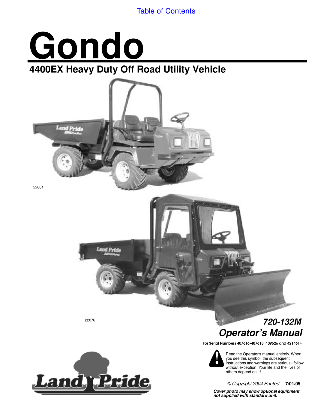 Land Pride 22076 manual 4400EX Heavy Duty Off Road Utility Vehicle, Table of Contents, Gondo, Operator’s Manual, 720-132M 