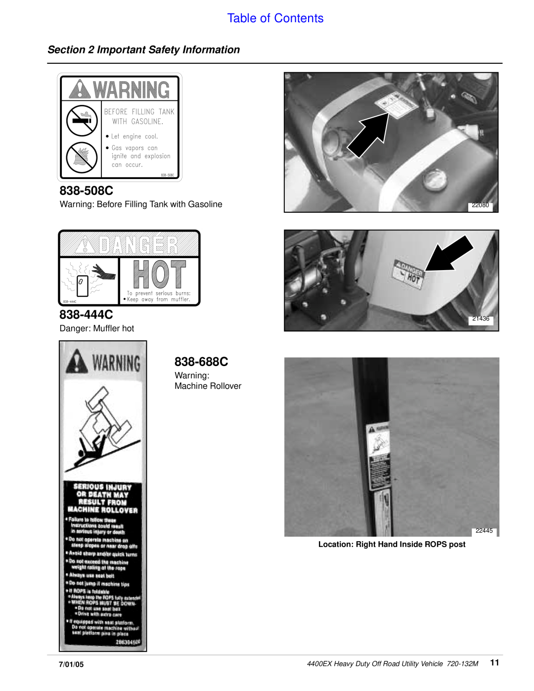 Land Pride 22076 838-688C, 838-508C, 838-444C, Table of Contents, Important Safety Information, 7/01/05, 22080, 22445 