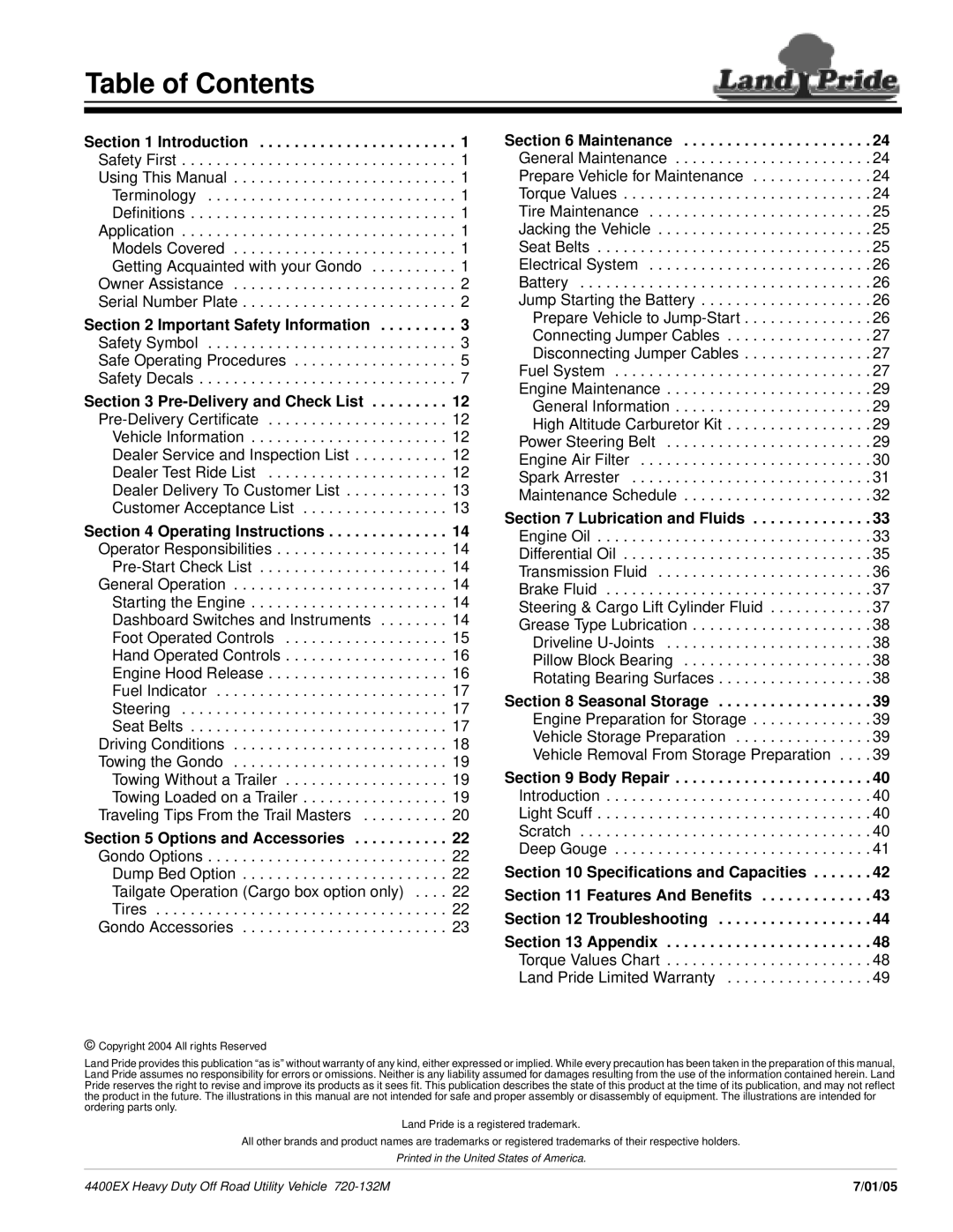 Land Pride 22081 Table of Contents, Important Safety Information, Pre-Delivery and Check List, Lubrication and Fluids 