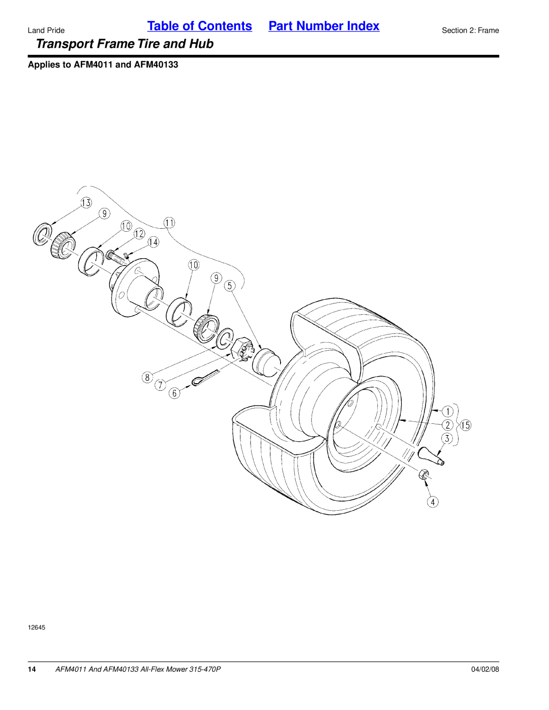 Land Pride AFM4011, AFM40133 manual Transport Frame Tire and Hub 