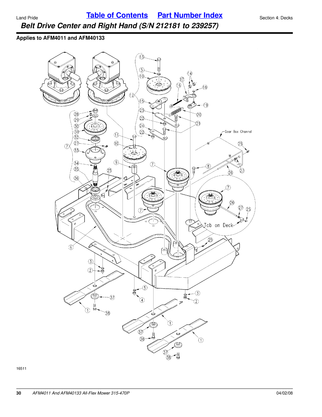 Land Pride AFM4011, AFM40133 manual Belt Drive Center and Right Hand S/N 212181 to 