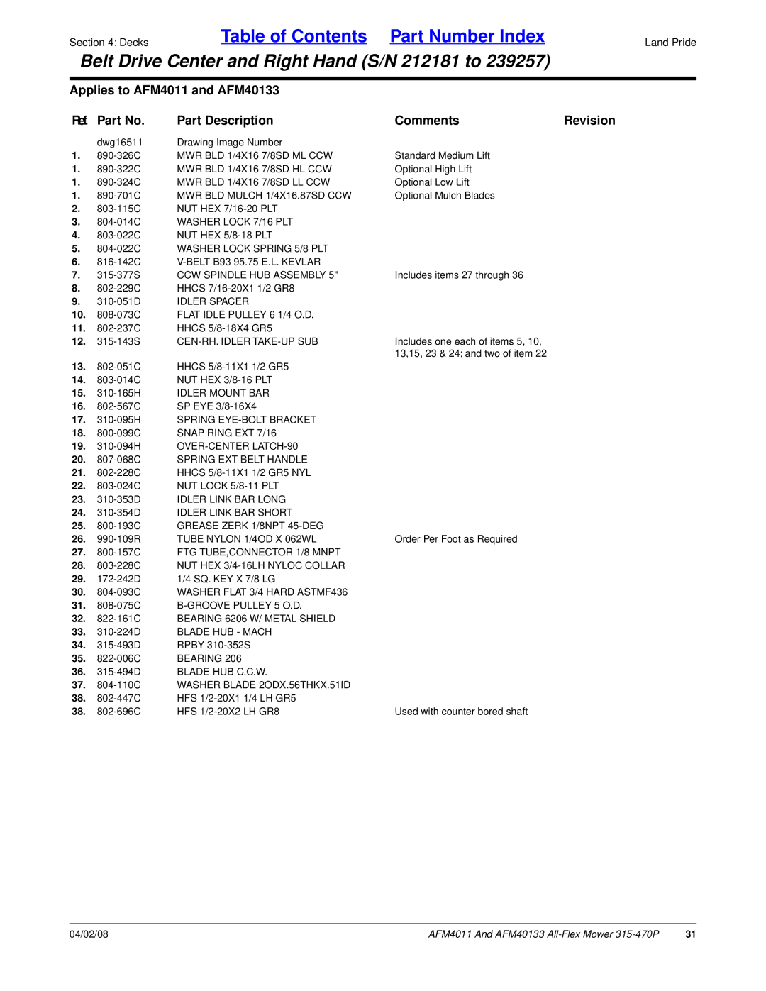 Land Pride AFM40133, AFM4011 manual CCW Spindle HUB Assembly, Tube Nylon 1/4OD X 062WL, FTG TUBE,CONNECTOR 1/8 Mnpt 