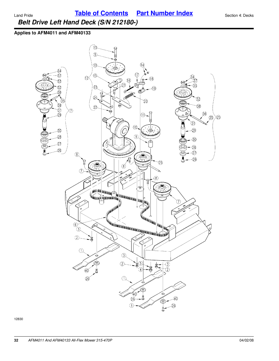 Land Pride AFM4011, AFM40133 manual Belt Drive Left Hand Deck S/N 