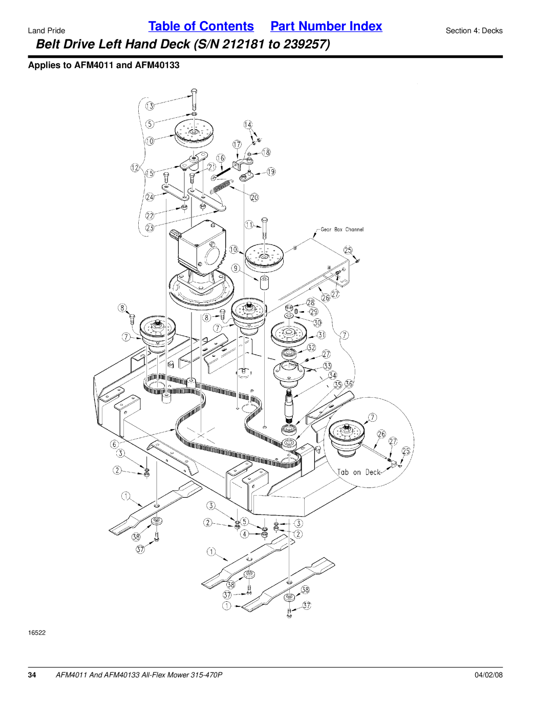 Land Pride AFM4011, AFM40133 manual Belt Drive Left Hand Deck S/N 212181 to 