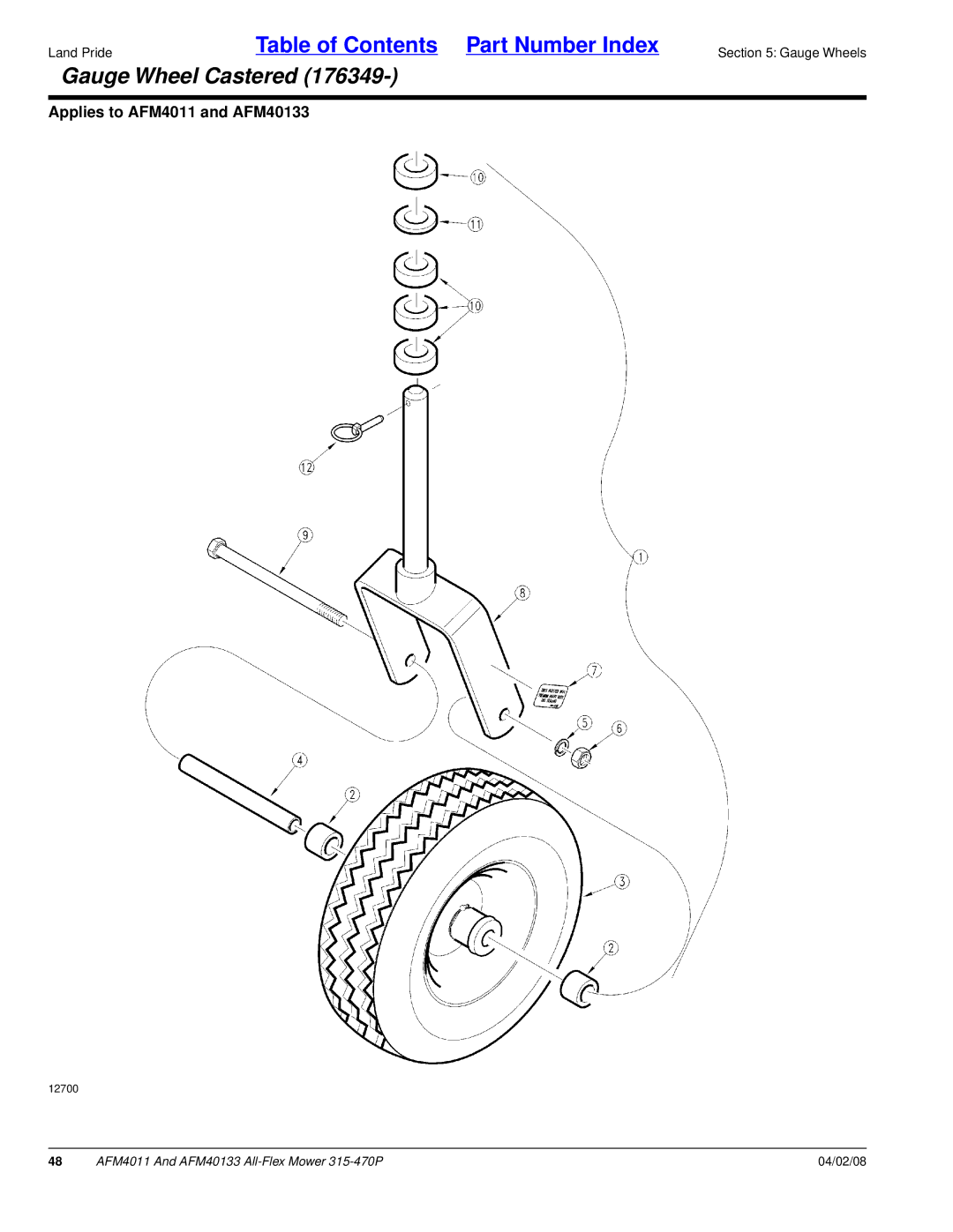 Land Pride AFM4011, AFM40133 manual Gauge Wheel Castered 