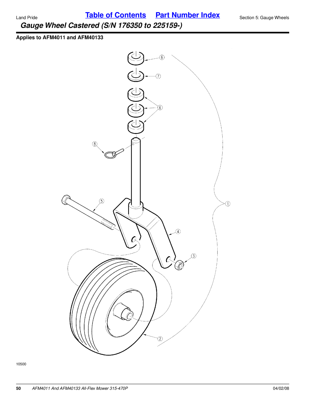 Land Pride AFM4011, AFM40133 manual Gauge Wheel Castered S/N 176350 to 