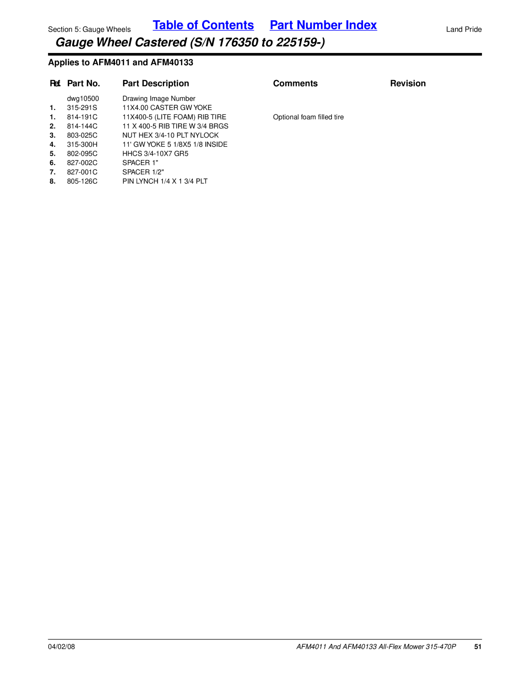 Land Pride AFM40133, AFM4011 manual 11X4.00 Caster GW Yoke, 11X400-5 Lite Foam RIB Tire 
