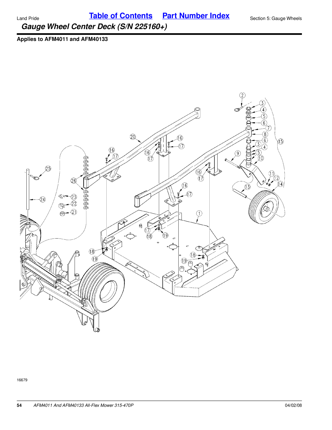 Land Pride AFM4011, AFM40133 manual Gauge Wheel Center Deck S/N 225160+ 