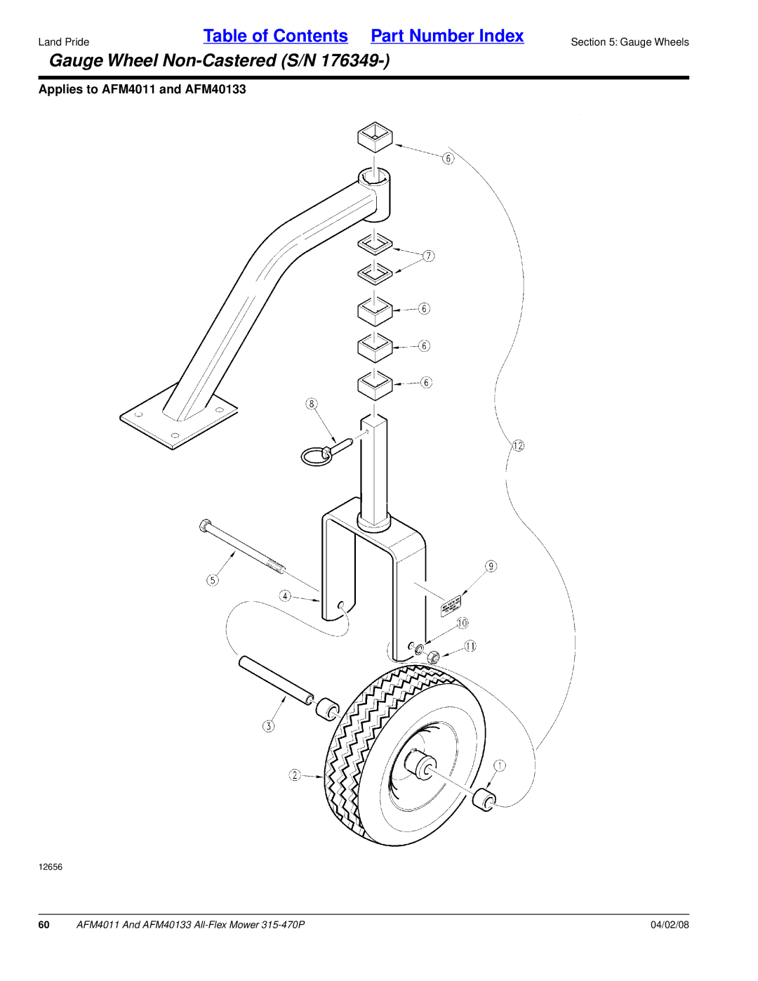 Land Pride AFM4011, AFM40133 manual Gauge Wheel Non-Castered S/N 