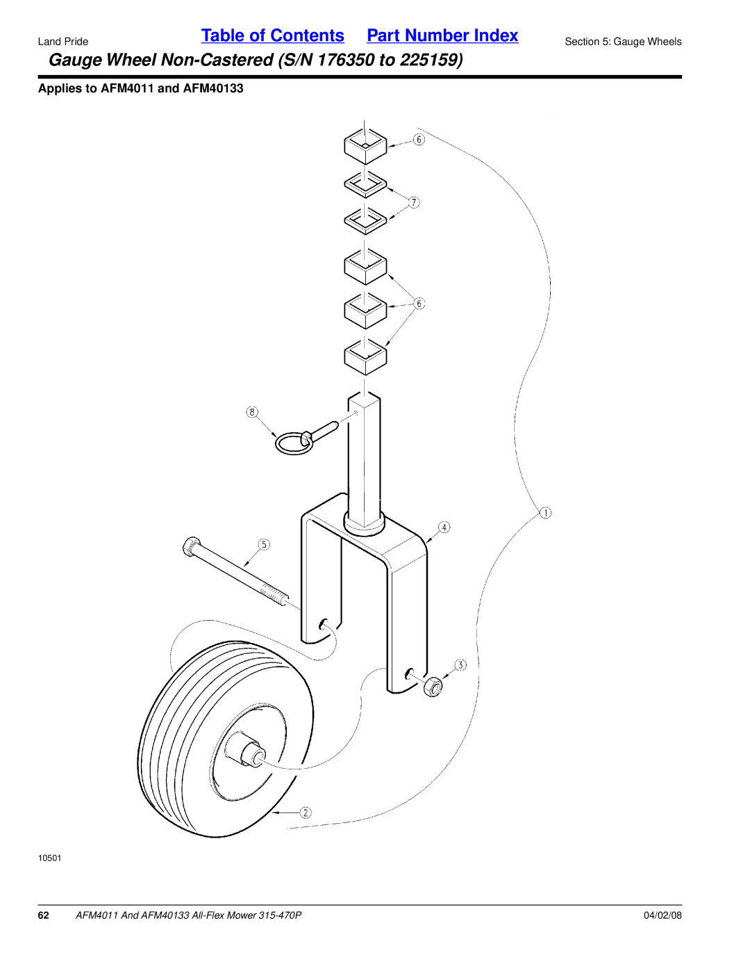 Land Pride AFM4011, AFM40133 manual Gauge Wheel Non-Castered S/N 176350 to 