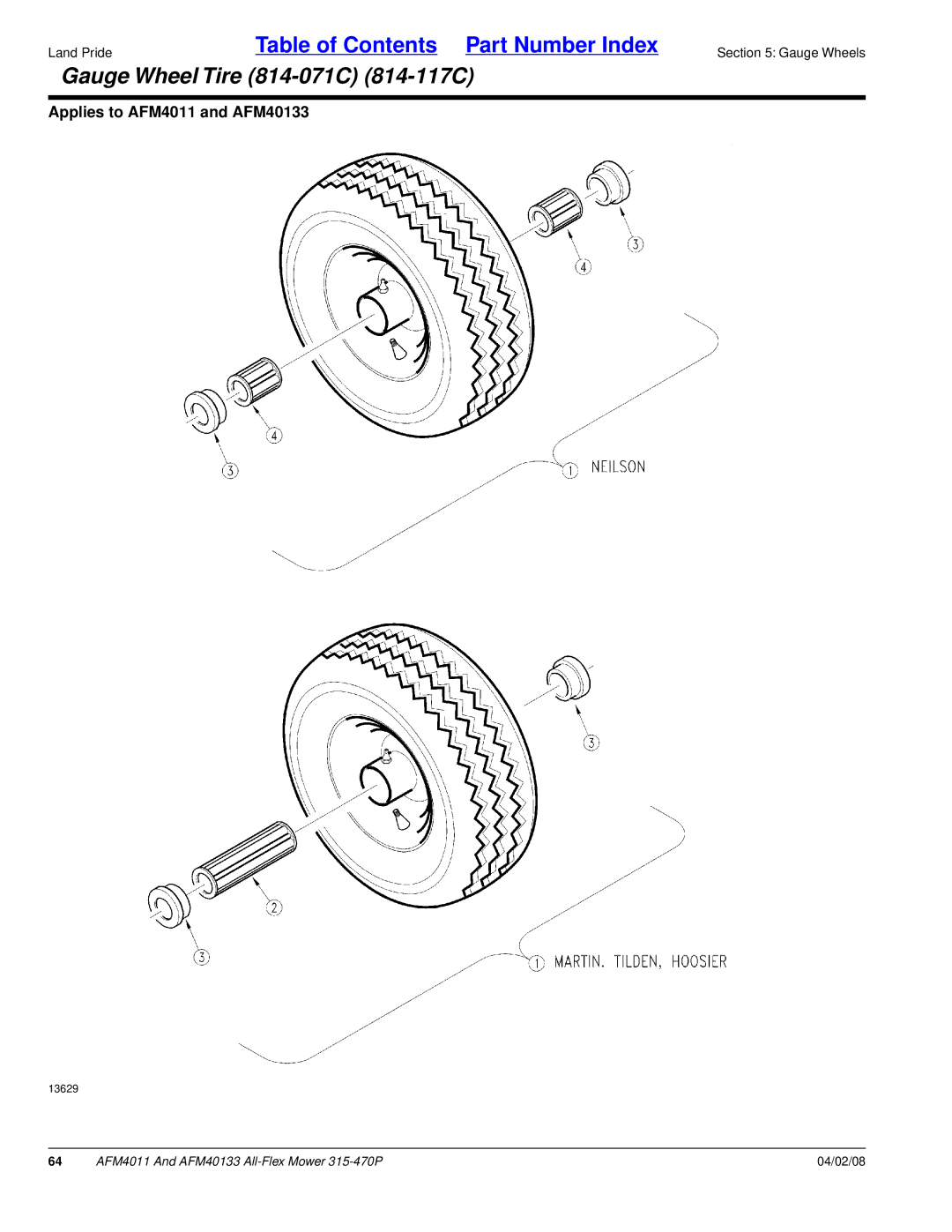 Land Pride AFM4011, AFM40133 manual Gauge Wheel Tire 814-071C 814-117C 