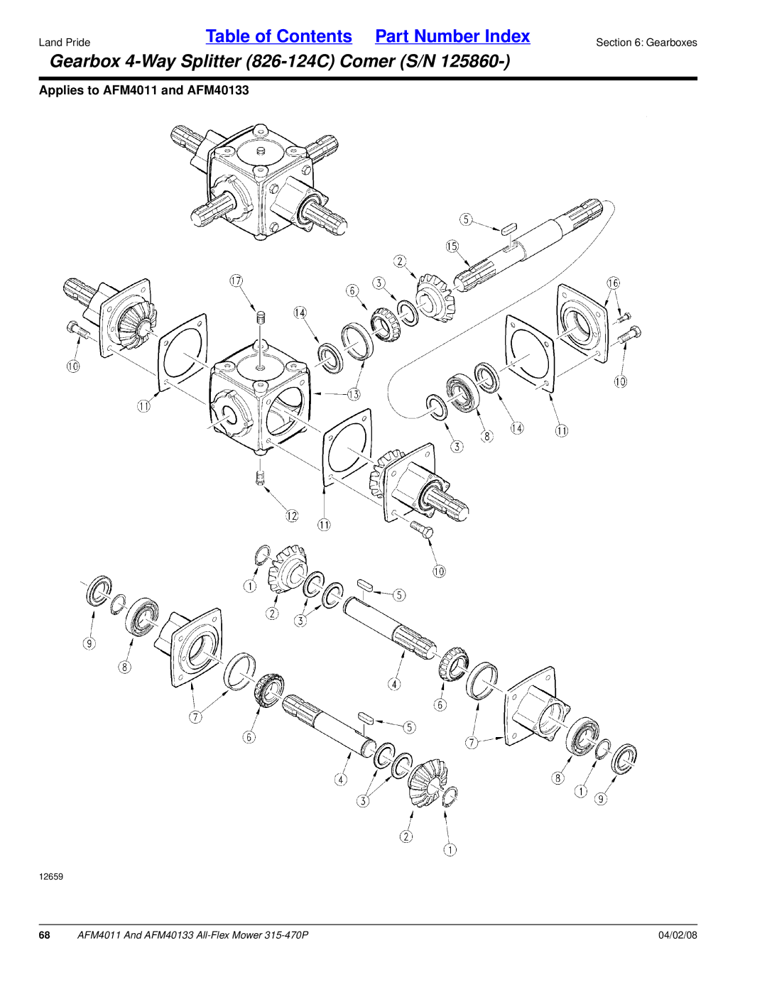 Land Pride AFM4011, AFM40133 manual Gearbox 4-Way Splitter 826-124C Comer S/N 