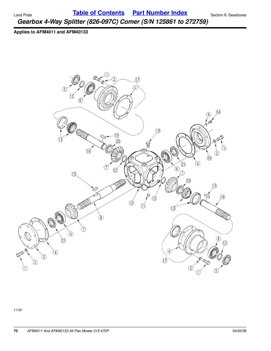 Land Pride AFM4011, AFM40133 manual Gearbox 4-Way Splitter 826-097C Comer S/N 125861 to 