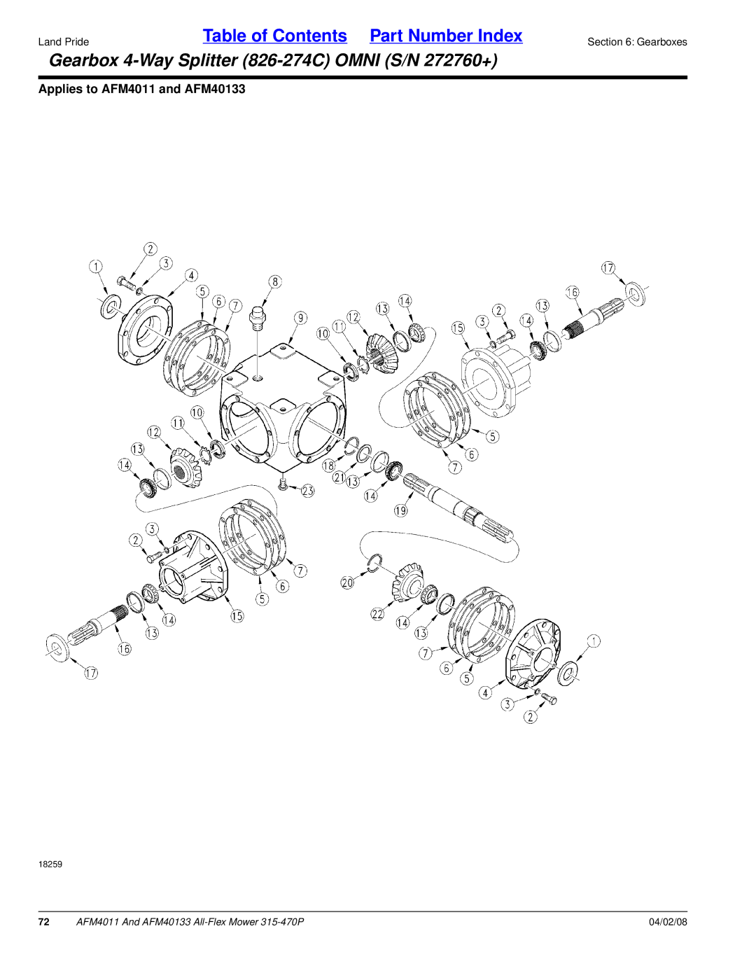 Land Pride AFM4011, AFM40133 manual Gearbox 4-Way Splitter 826-274C Omni S/N 272760+ 