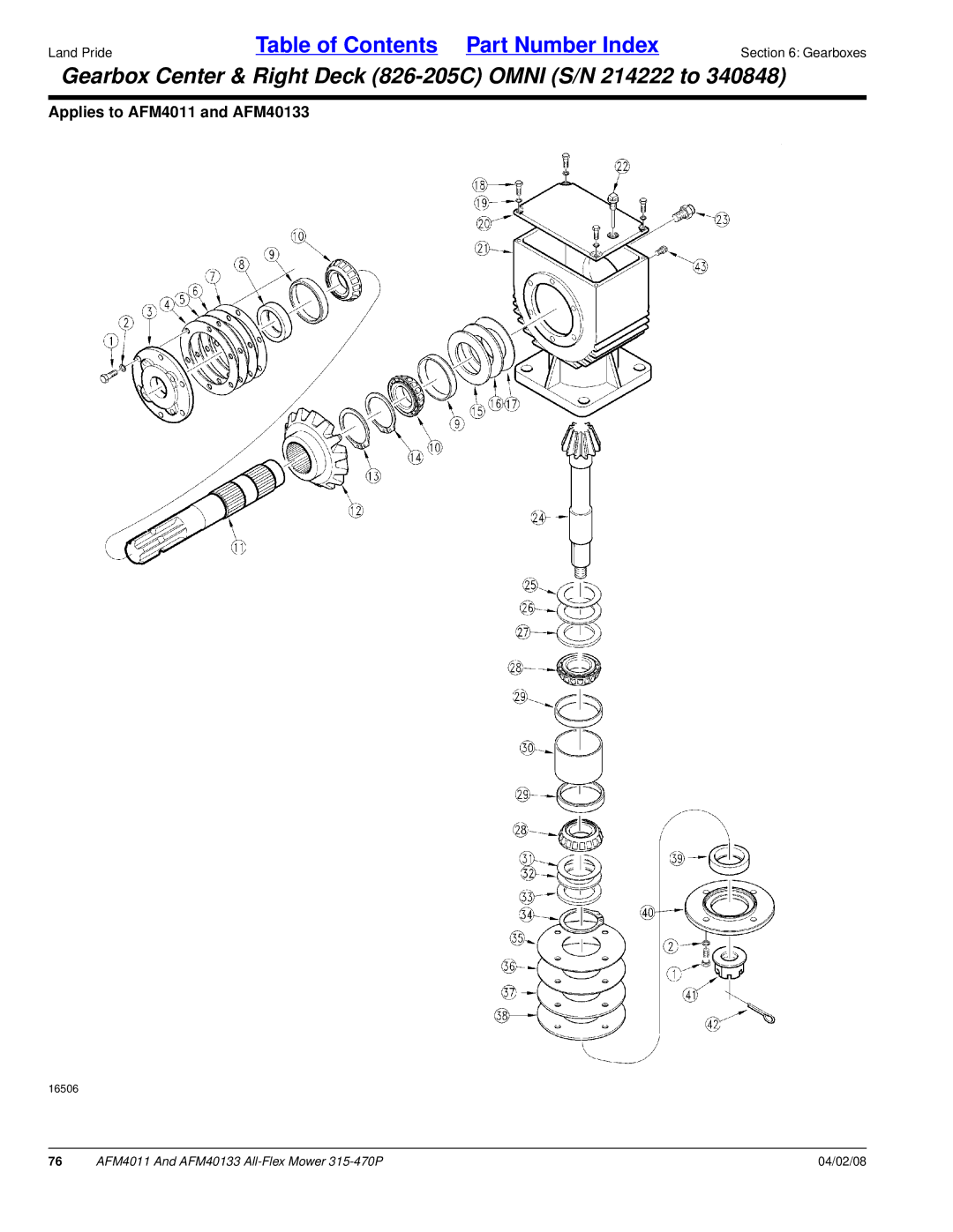 Land Pride AFM4011, AFM40133 manual Gearbox Center & Right Deck 826-205C Omni S/N 214222 to 
