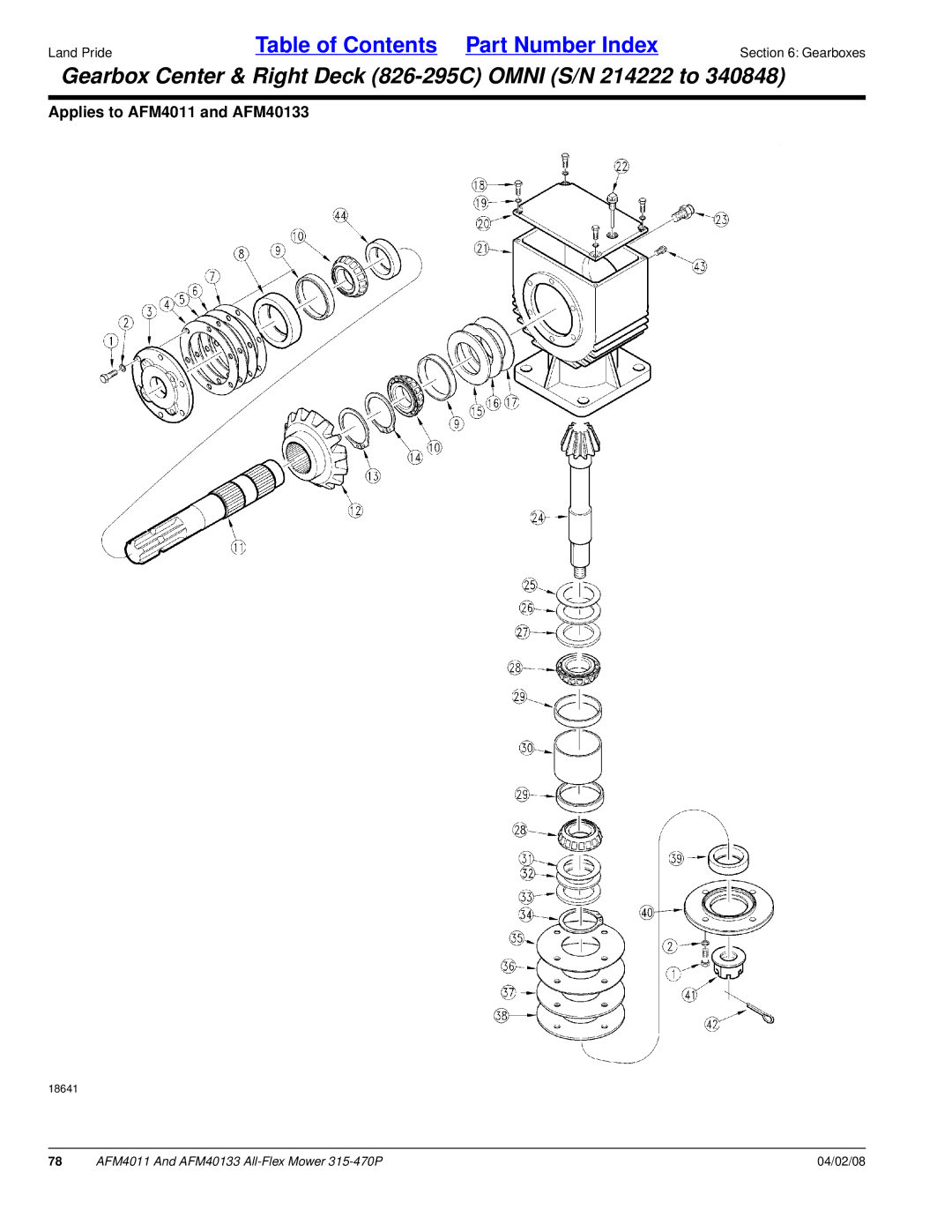 Land Pride AFM4011, AFM40133 manual Gearbox Center & Right Deck 826-295C Omni S/N 214222 to 