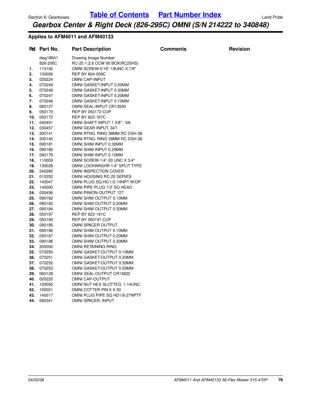 Land Pride AFM40133 manual Omni Shaft Input 1 3/8 6A, Omni Shim Input 0.10MM, Omni Housing RC-25 Series, Omni SPACER, Input 