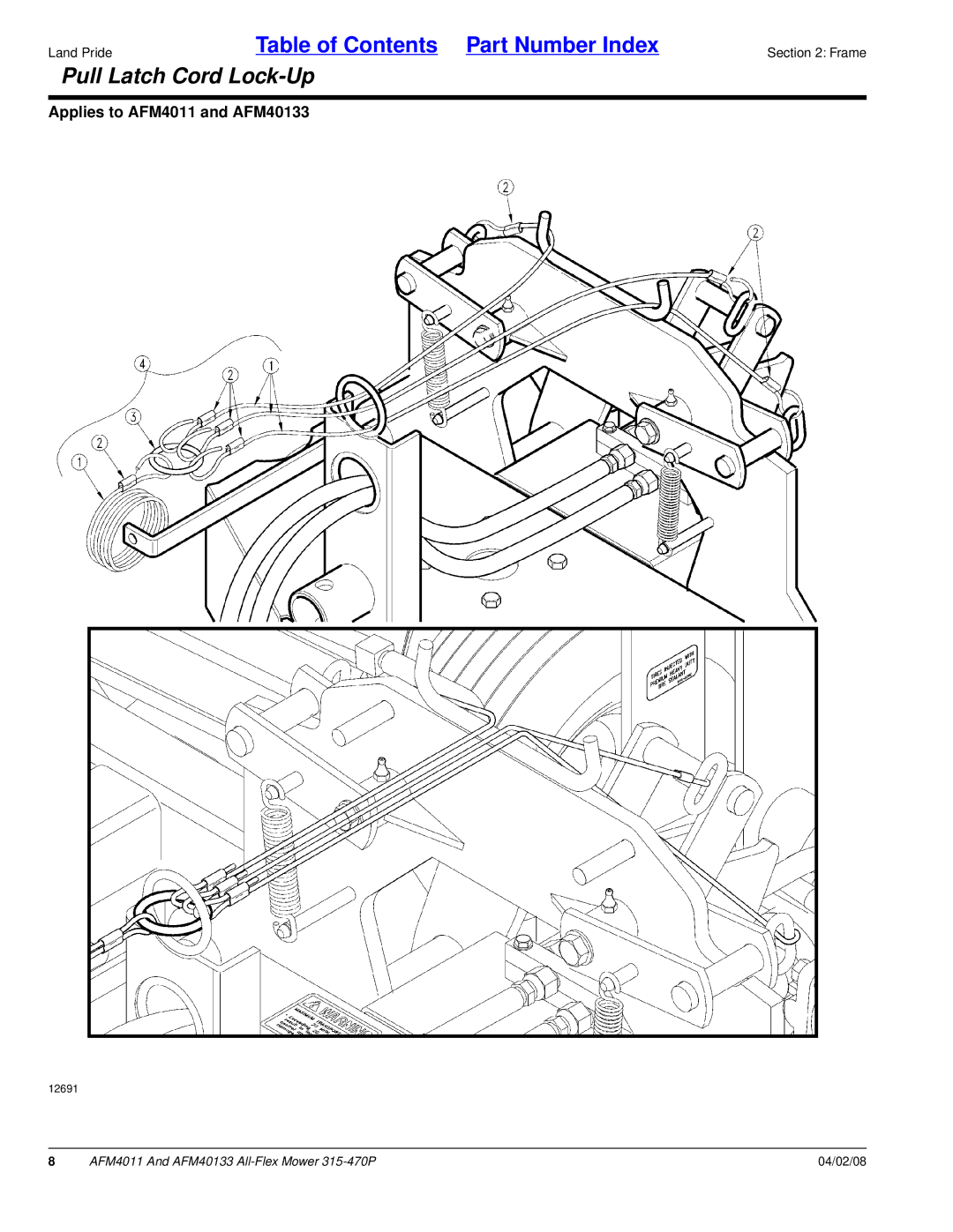 Land Pride AFM4011, AFM40133 manual Pull Latch Cord Lock-Up 