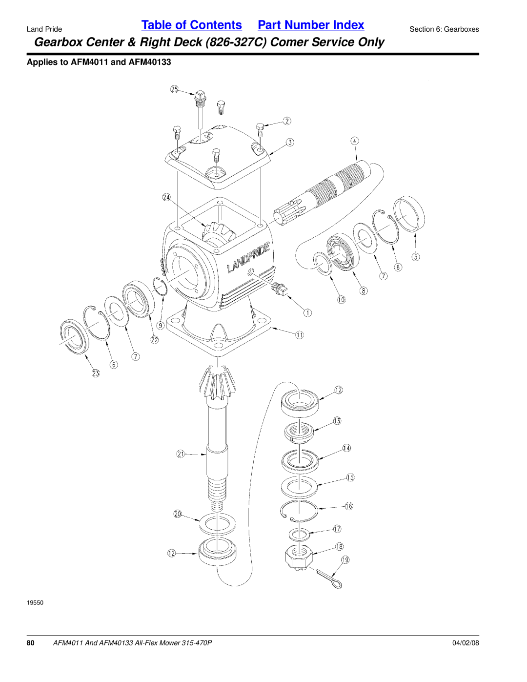 Land Pride AFM4011, AFM40133 manual Gearbox Center & Right Deck 826-327C Comer Service Only 
