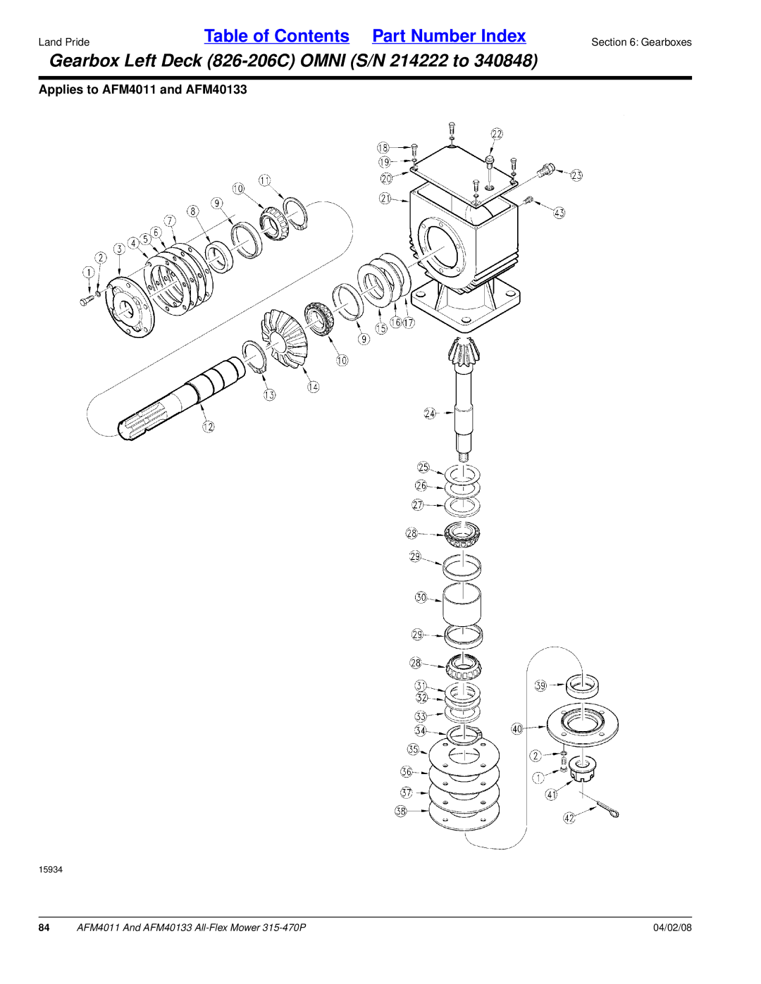 Land Pride AFM4011, AFM40133 manual Gearbox Left Deck 826-206C Omni S/N 214222 to 