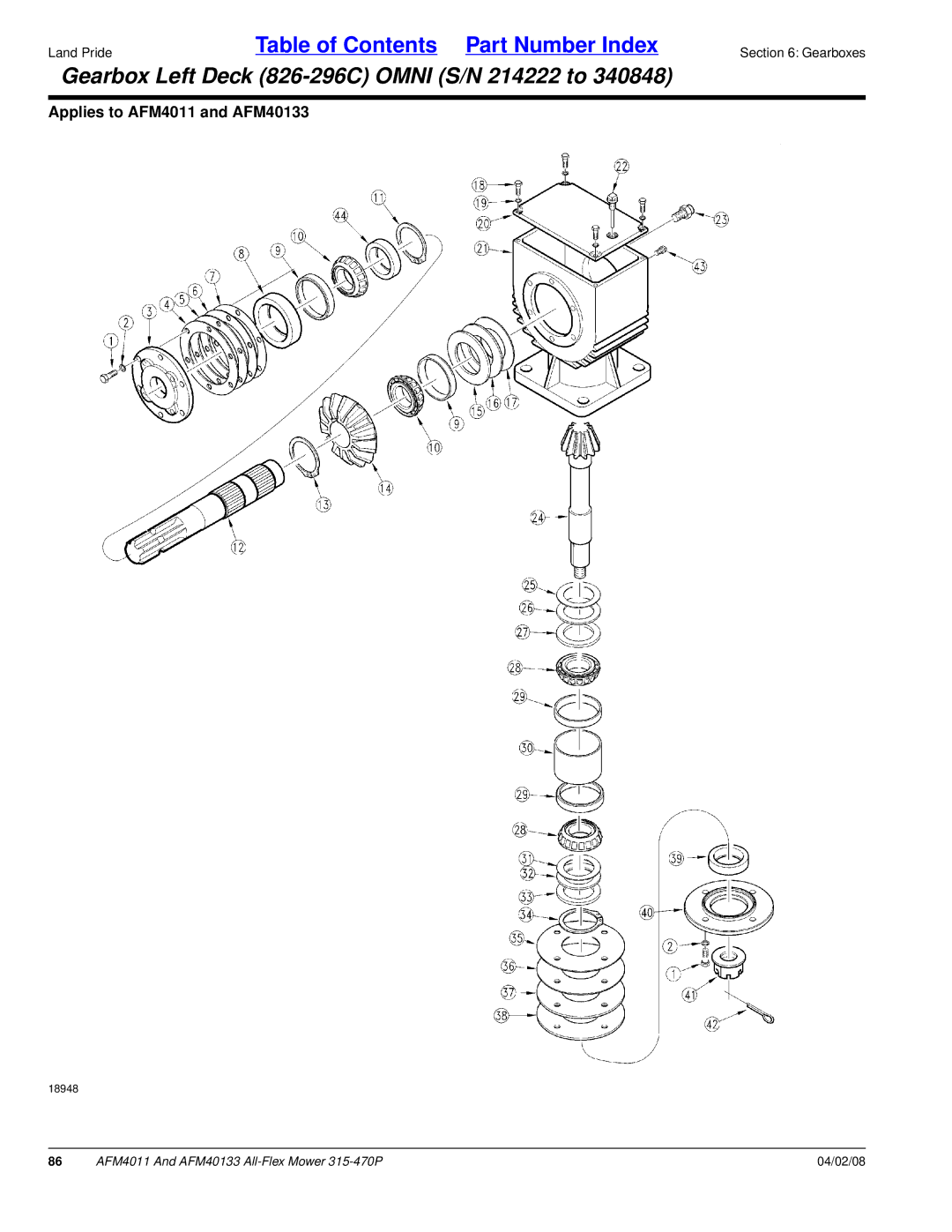 Land Pride AFM4011, AFM40133 manual Gearbox Left Deck 826-296C Omni S/N 214222 to 