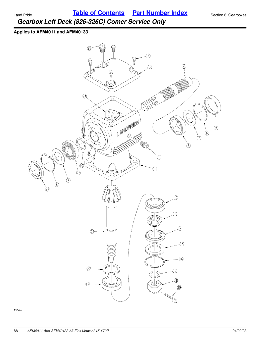Land Pride AFM4011, AFM40133 manual Gearbox Left Deck 826-326C Comer Service Only 