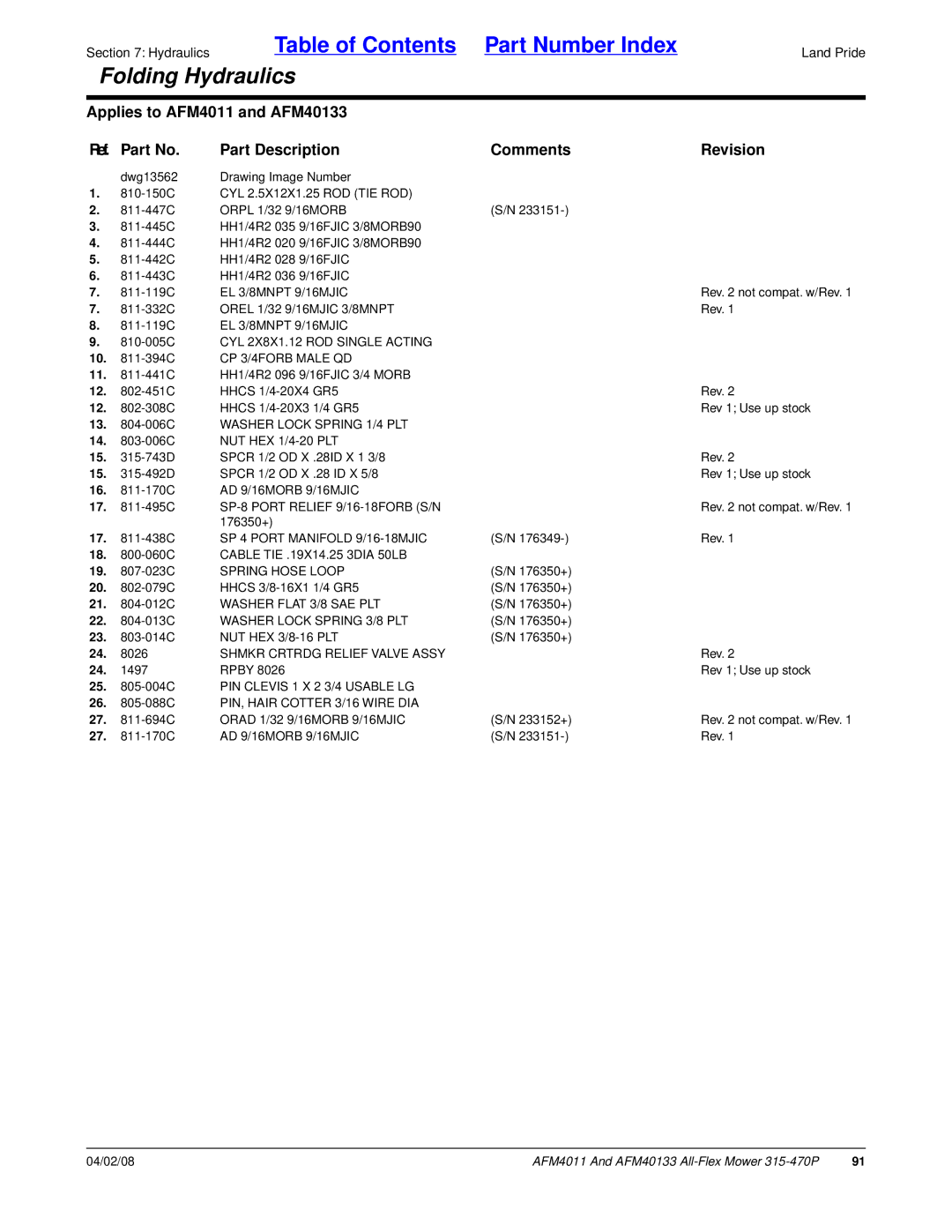 Land Pride AFM40133, AFM4011 EL 3/8MNPT 9/16MJIC, 13 -006C Washer Lock Spring 1/4 PLT, SP-8 Port Relief 9/16-18FORB S/N 