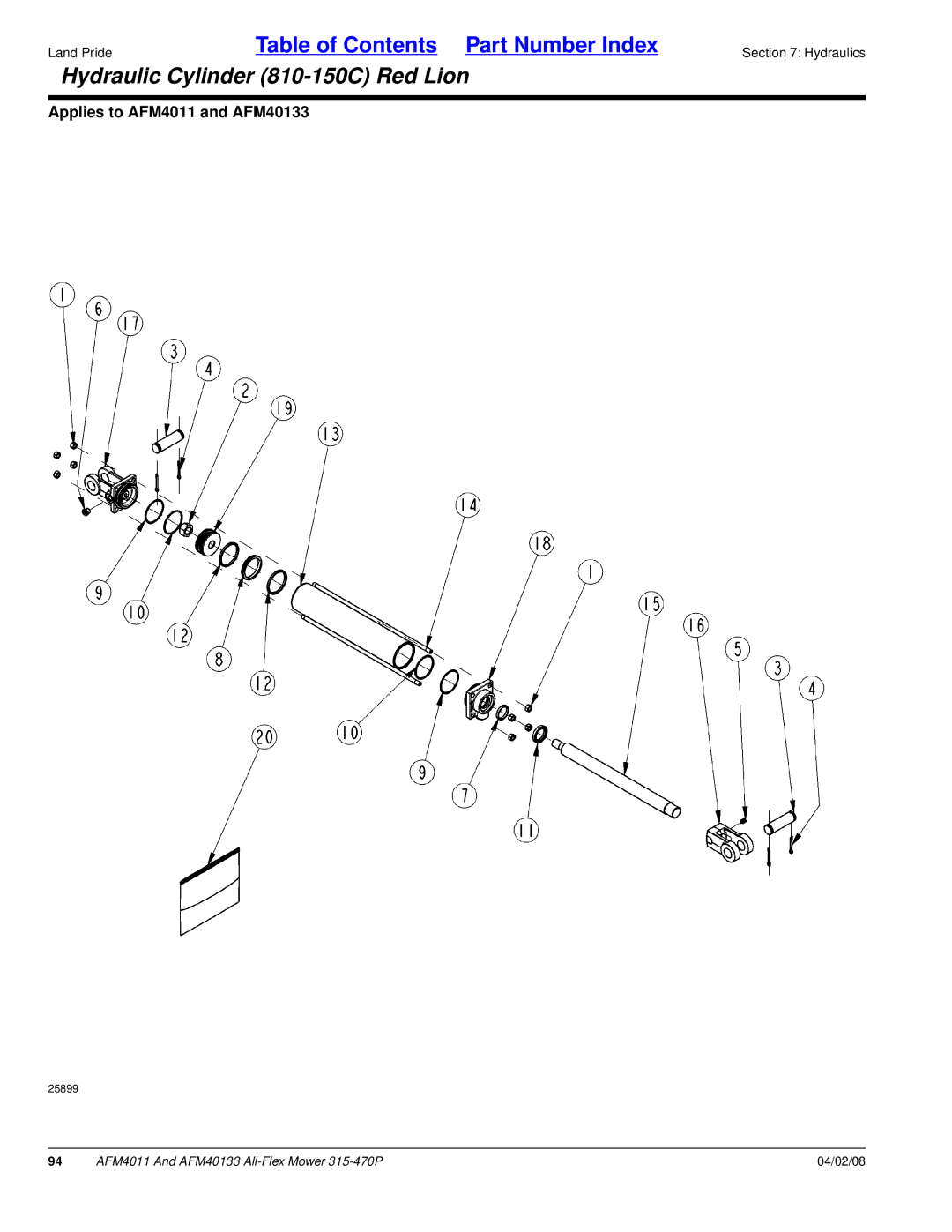 Land Pride AFM4011, AFM40133 manual Hydraulic Cylinder 810-150C Red Lion 