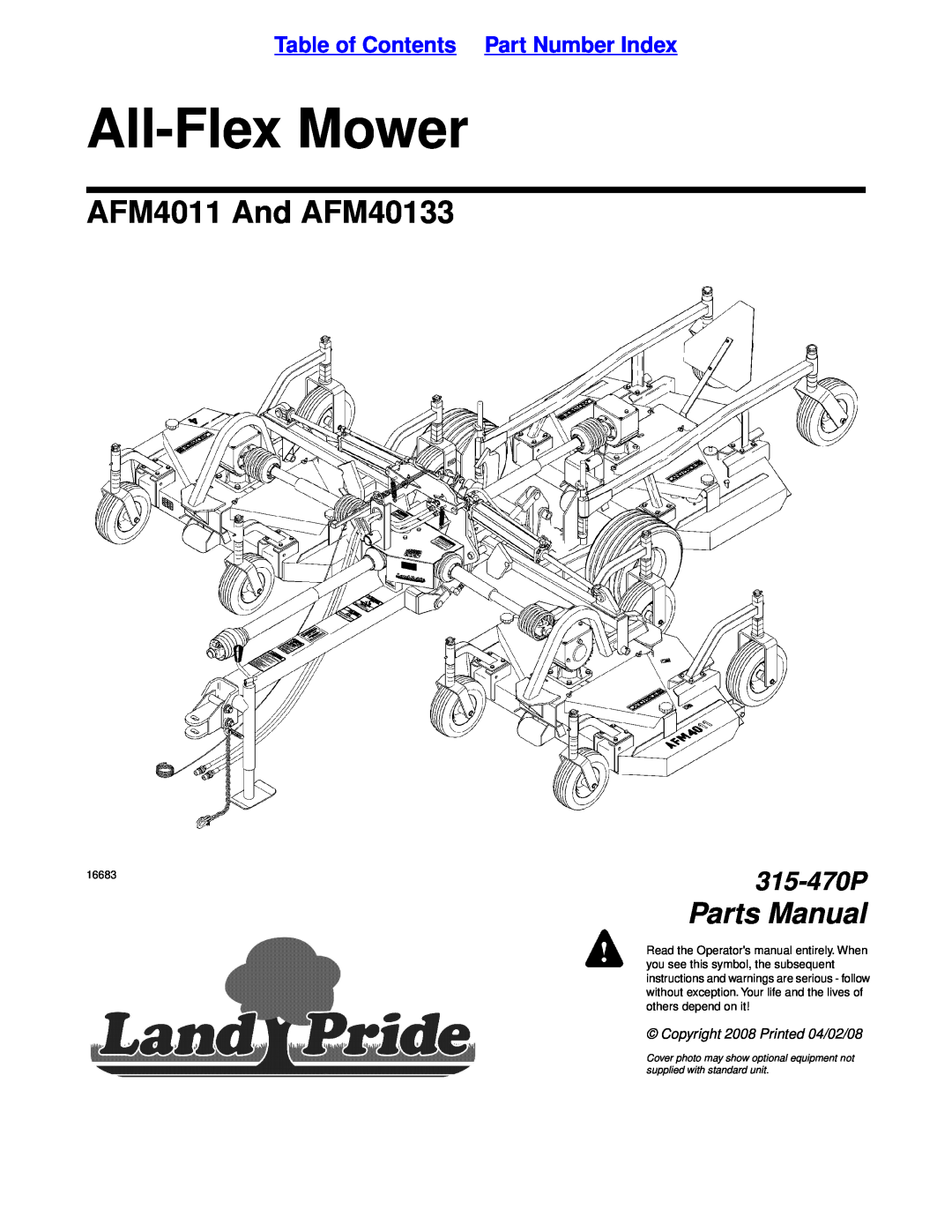 Land Pride manual Table of Contents Part Number Index, All-FlexMower, AFM4011 And AFM40133, Parts Manual, 315-470P 