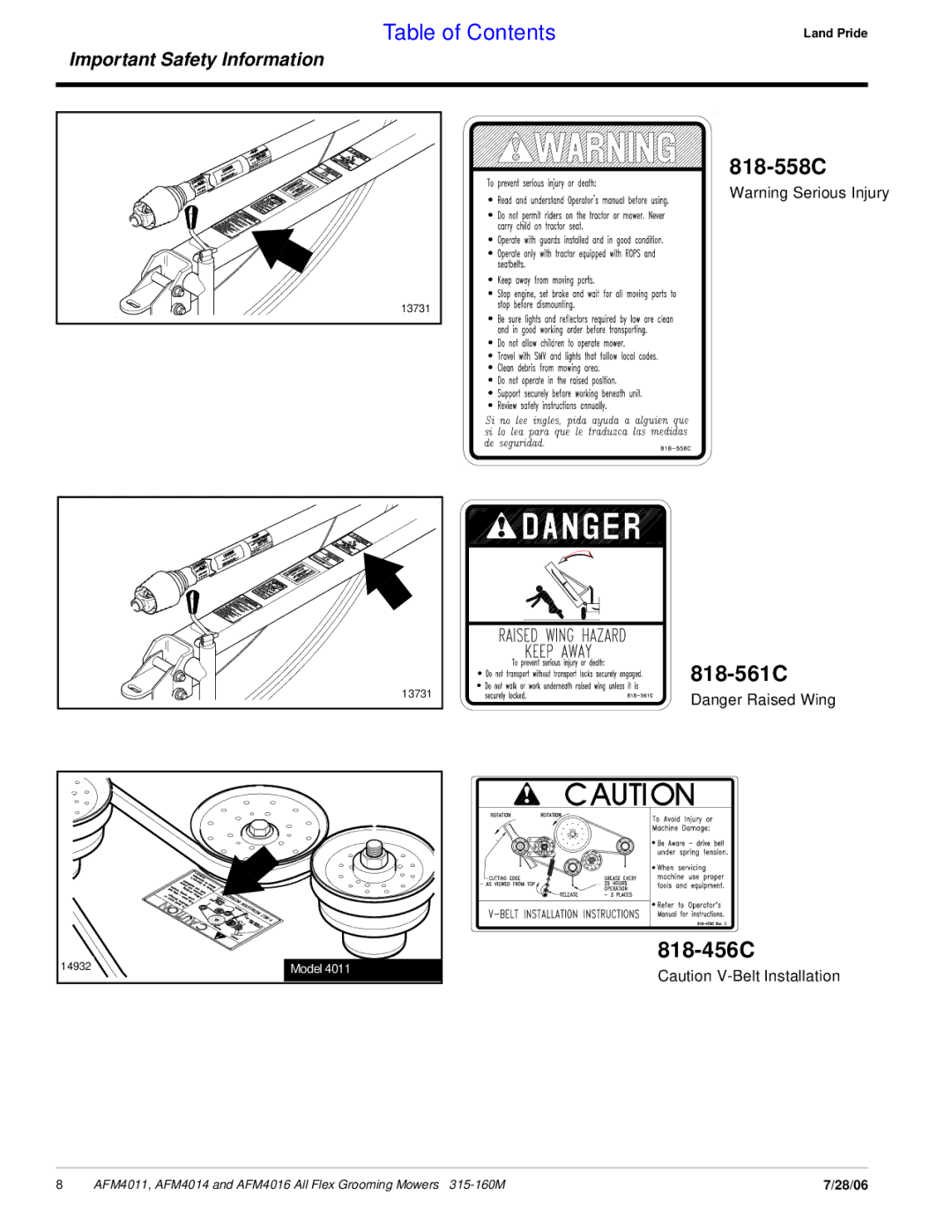 Land Pride AFM4016 manual 818-558C 818-561C 818-456C 