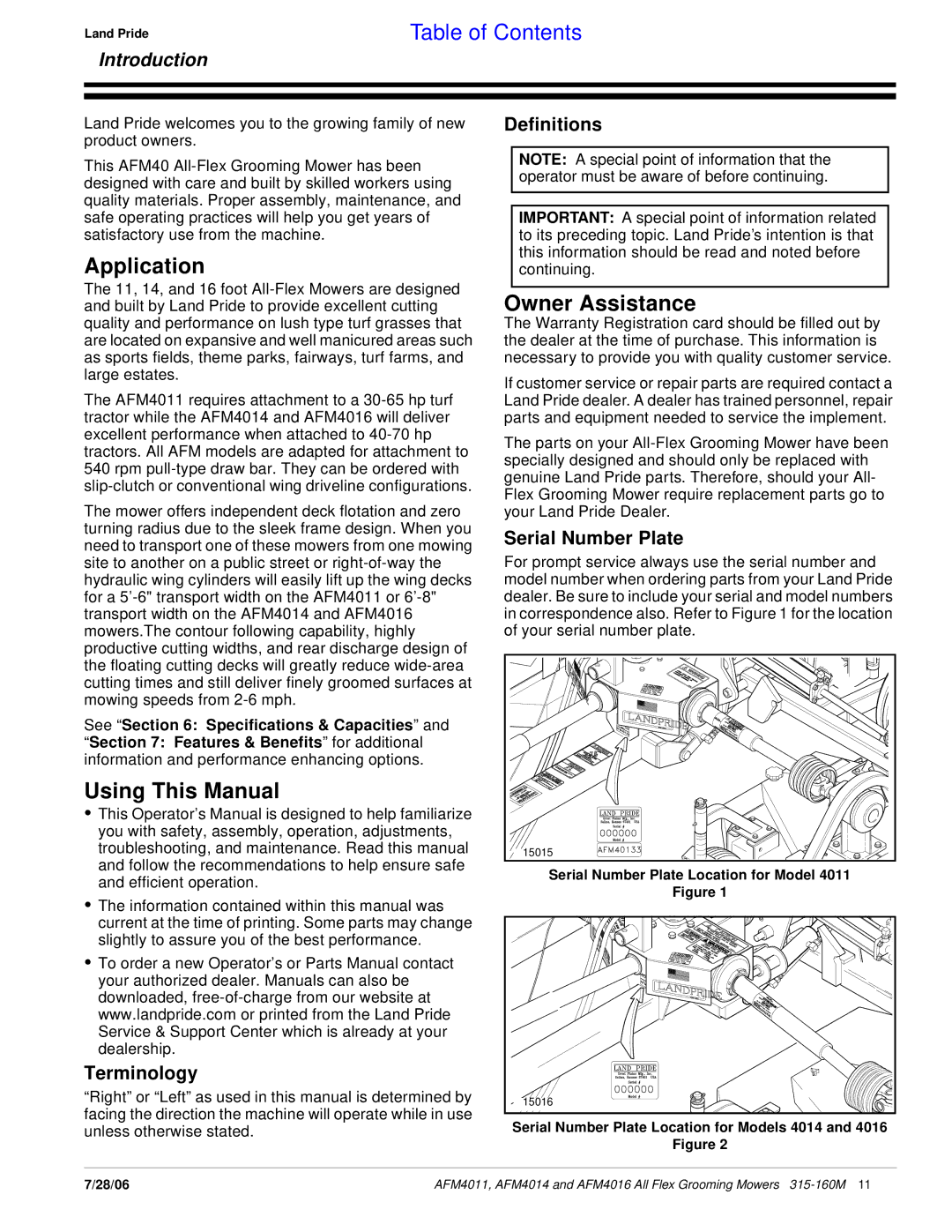 Land Pride AFM4016 manual Application, Using This Manual, Owner Assistance 