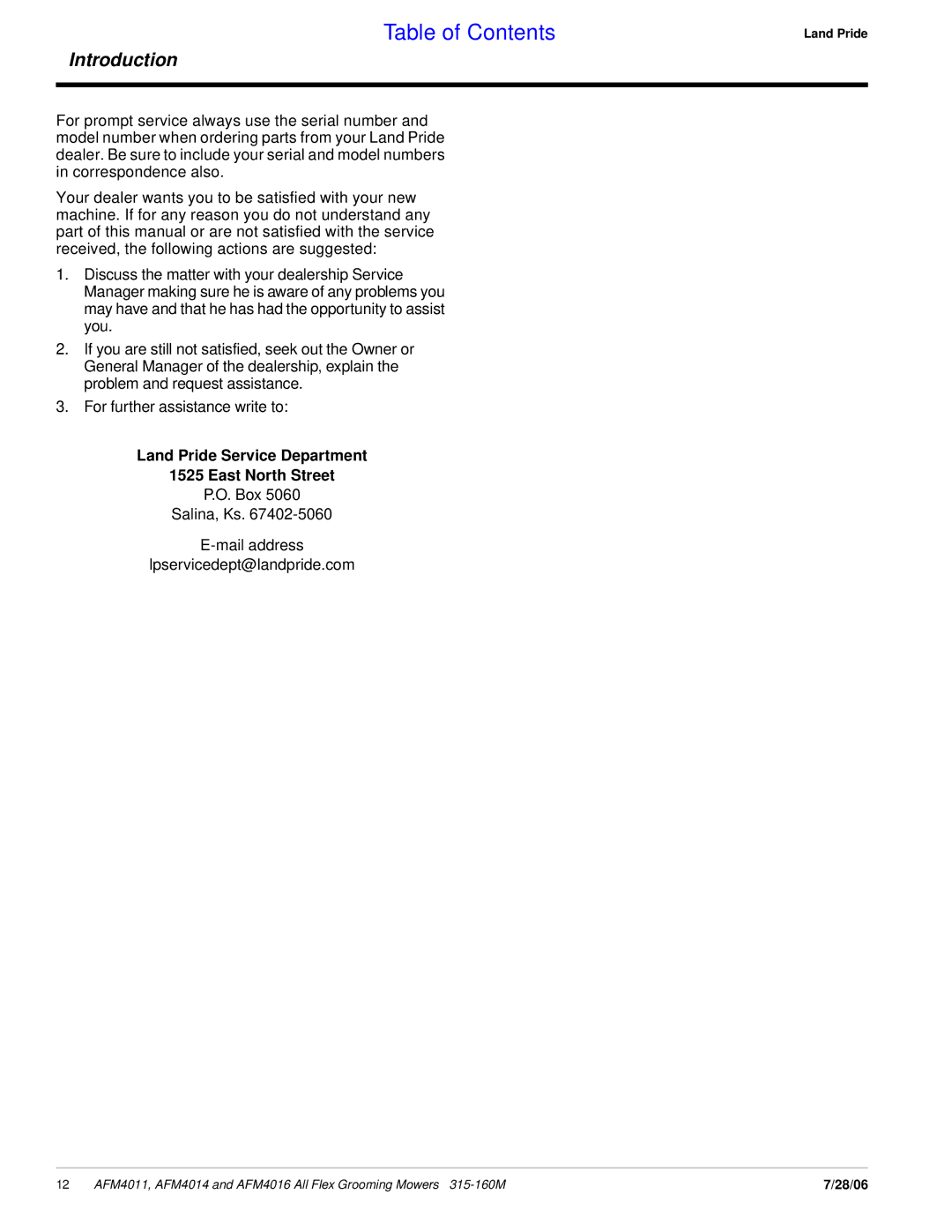 Land Pride AFM4016 manual Land Pride Service Department East North Street 