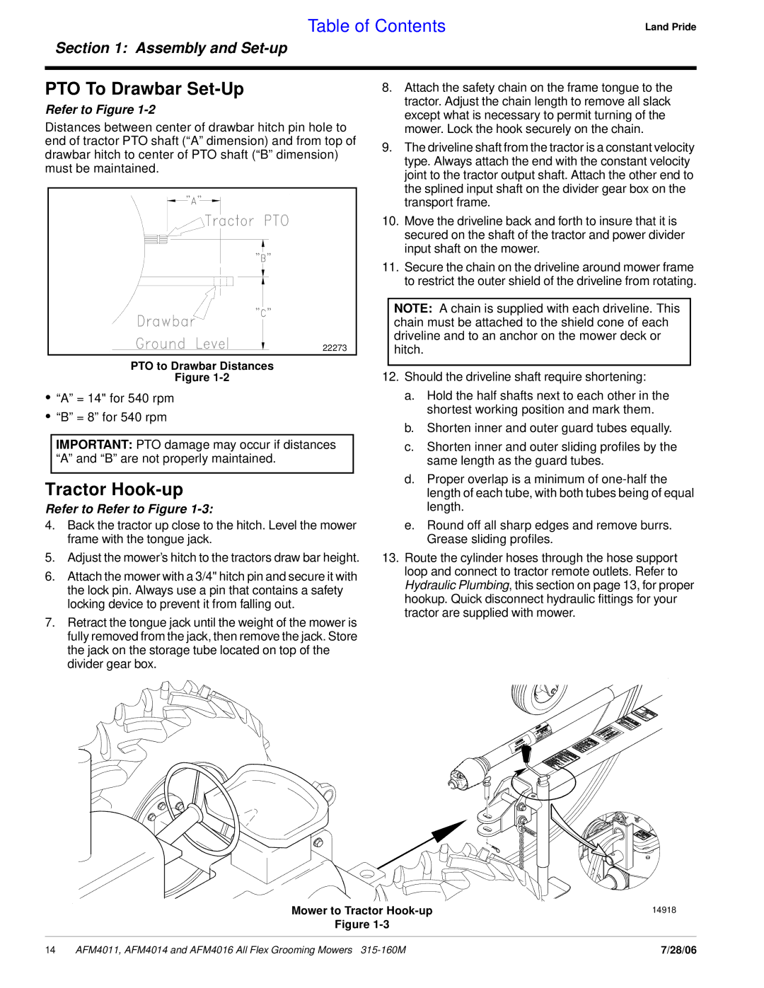 Land Pride AFM4016 manual PTO To Drawbar Set-Up, Tractor Hook-up 