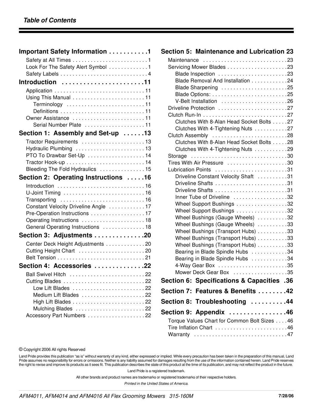 Land Pride AFM4016 manual Table of Contents 