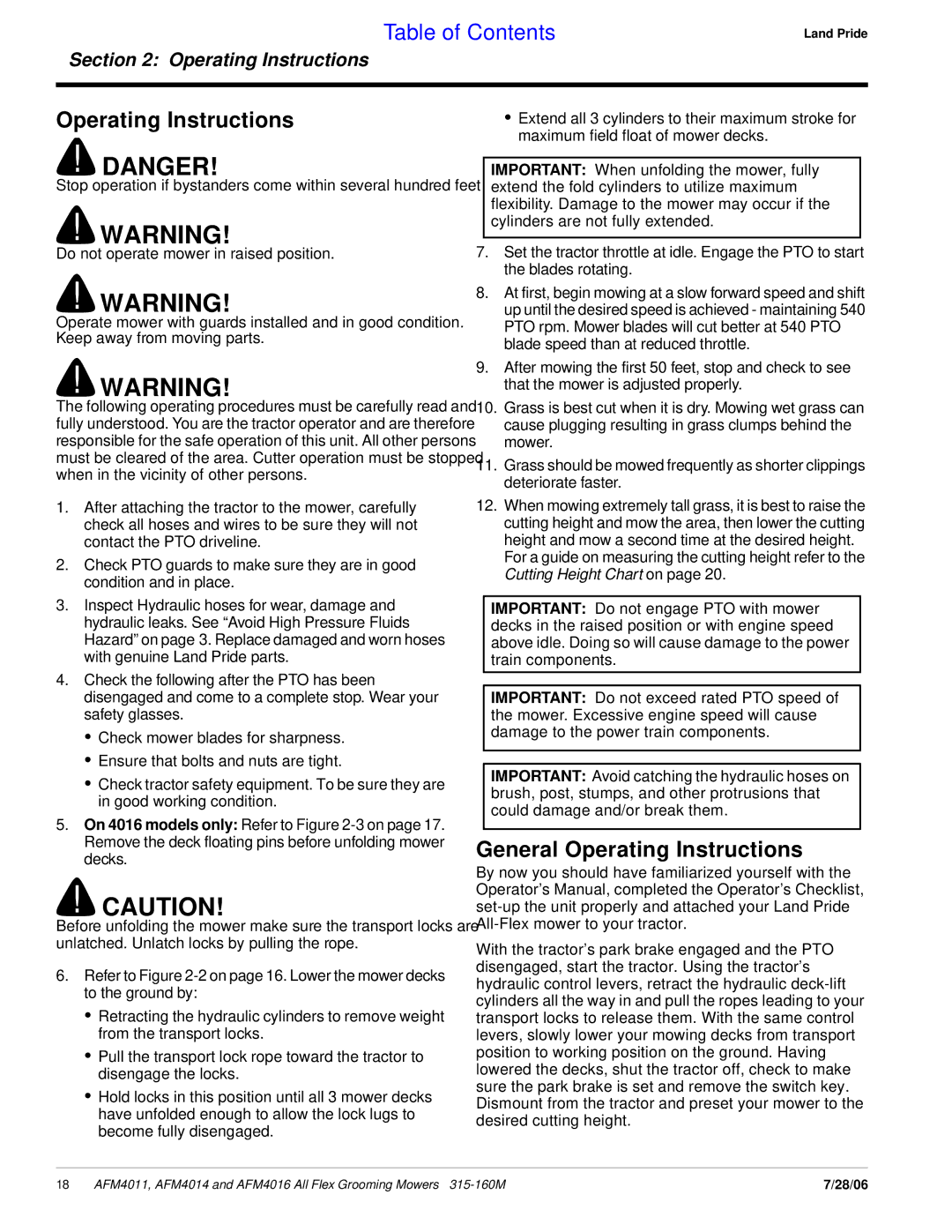 Land Pride AFM4016 manual General Operating Instructions 