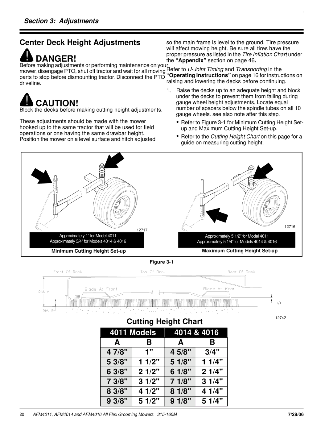 Land Pride AFM4016 manual Center Deck Height Adjustments, Cutting Height Chart 