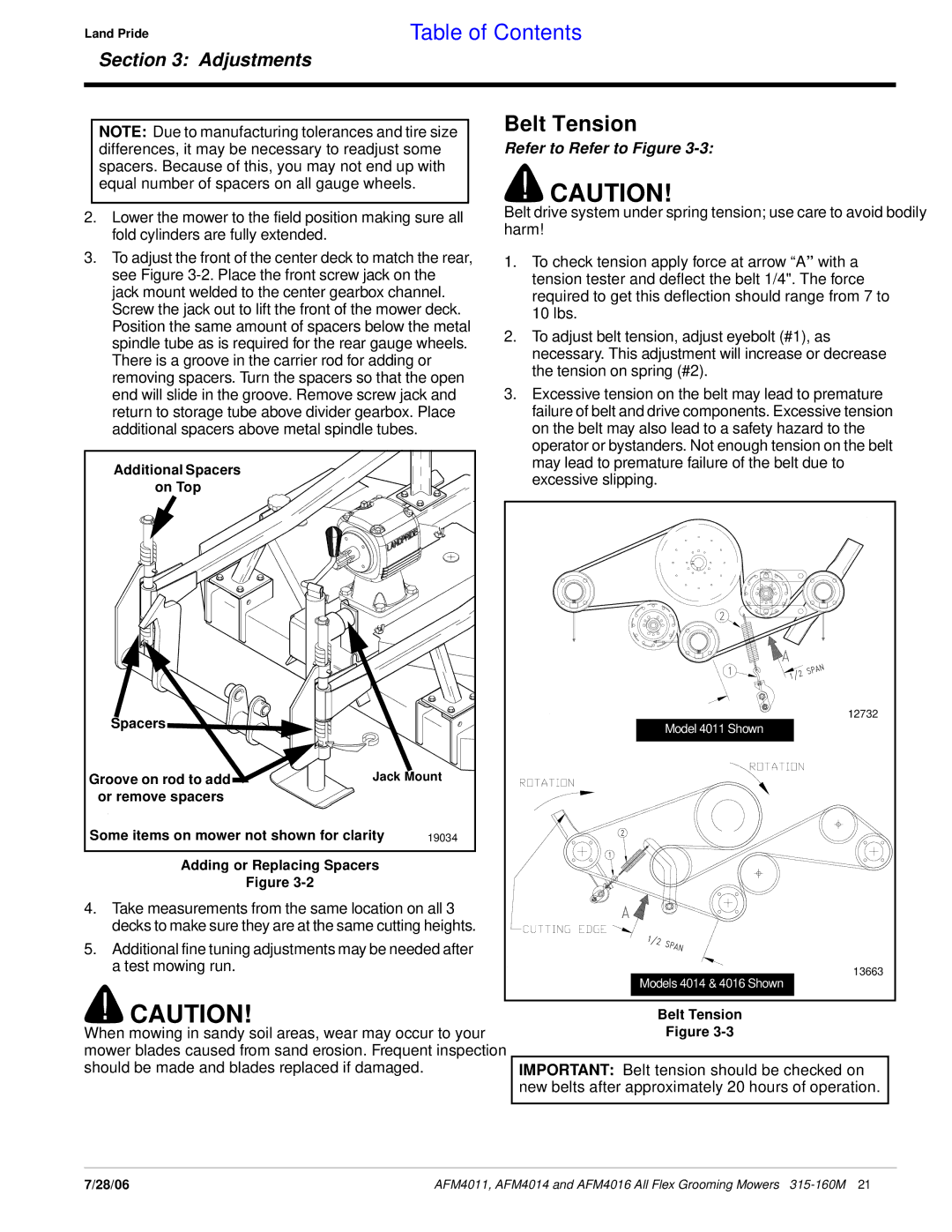 Land Pride AFM4016 manual Belt Tension, Adding or Replacing Spacers 